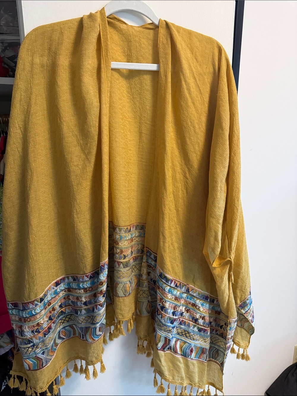 Mustard Yellow Embroidered Fringe Open Front Cape